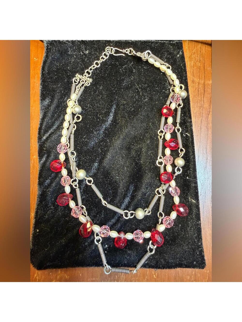 Statement Multi-Strand Pearl & Red Crystal Coil Necklace